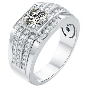 新款莫桑石戒指男款S925纯银镀18K白金PT950铂金镶嵌结婚钻戒婚戒