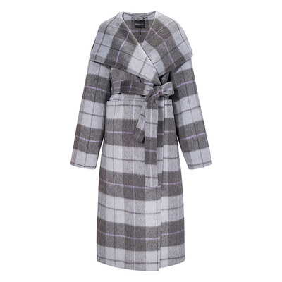 BCBG冬新款优雅初剪羊毛混纺格纹大翻领收腰女双面呢大衣女外套