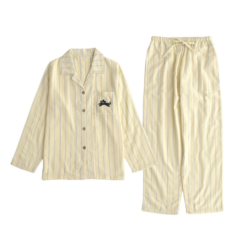 MUEJ睡衣女士夏季短袖纯棉双层纱布长袖情侣条纹家居服男套装