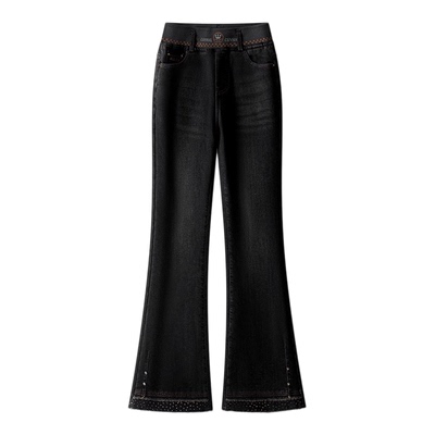 松紧腰加绒微喇牛仔裤女秋冬新款