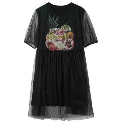 宽松假两件连衣裙网纱水果印花