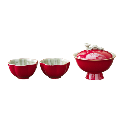 故宫红秘色瓷如意盖碗茶杯不烫手