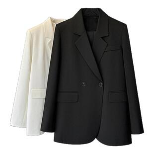 周淼光泽感醋酸缎面小个子西装女宽松韩版轻奢设计感休闲黑色外套