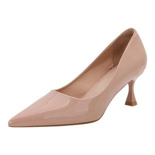 高跟鞋女细跟不累脚单鞋配裙子气质尖头法式漆皮裸色工作鞋女黑色