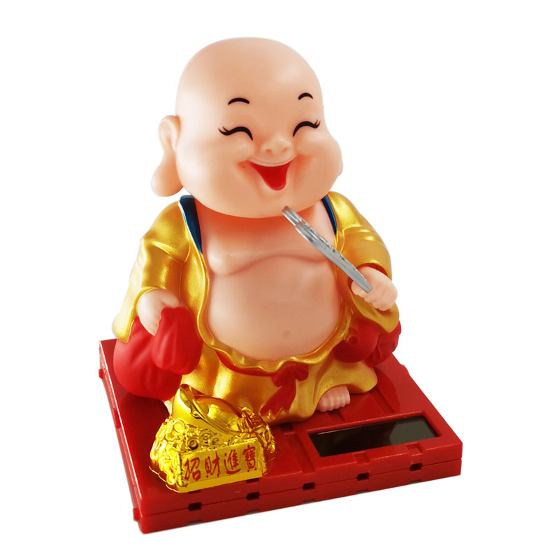 汽车摆件太阳能弥勒佛扇扇子点头敲木鱼小师傅装饰品可爱创意公仔