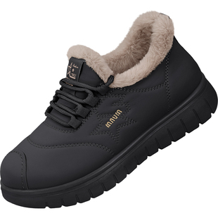 老北京布鞋女冬季加绒保暖防水皮面妈妈舒适运动鞋一脚蹬工作棉靴