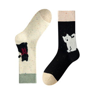 袜子女款点子纱可爱动物秋冬季复古美拉德棉袜防臭撞色卡通中筒袜