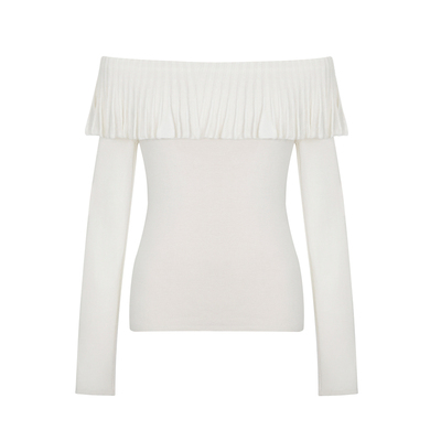 miorastudio法式复古奶霜白一字肩荷叶边针织衫 气质浪漫慵懒上衣