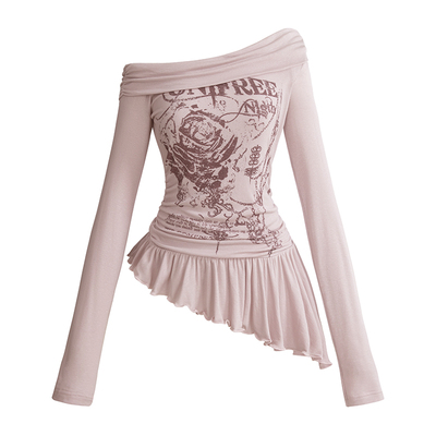 UNIFREEPLUS大码粉色斜肩长袖T恤