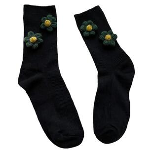 2双装黑色袜子手工纯棉袜黑色小花堆堆袜中筒短靴袜子女ins潮网红