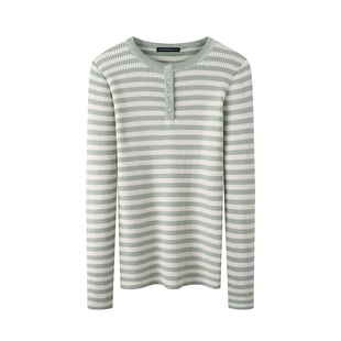 Brandy Girl新款条纹三粒扣长袖针织女bm修身短款上衣打底衫女