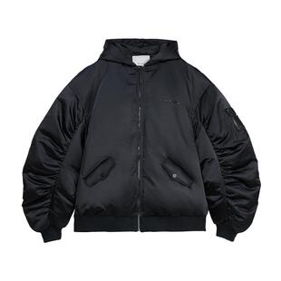 VANN VALRENCE明星同款宽松廓形落肩抽褶袖情侣款黑色连帽羽绒服