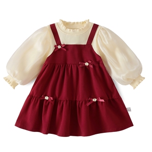 连衣裙红色女童儿童礼服裙春秋小童秋装公主裙周岁生日宝宝裙子春