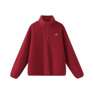 班尼路摇粒绒保暖外套女2025秋冬新款上衣女红色宽松半拉链卫衣Q