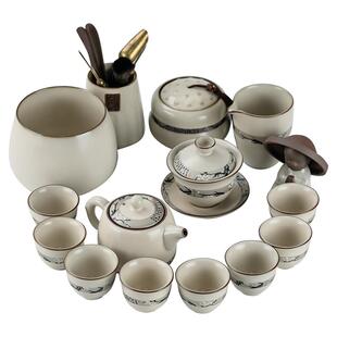 汝窑功夫茶具防烫侧把壶茶杯整套泡茶器家用三才盖碗喝茶米色套装