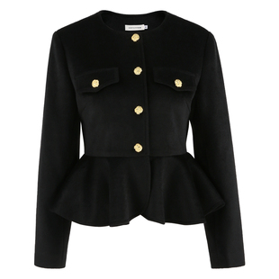 韩语琳黑色毛呢外套女2025新款春季高级感收腰显瘦短款呢子上衣