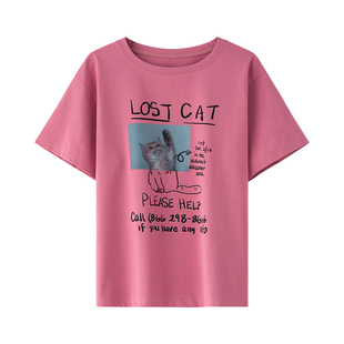 LAGOGO寻猫启事印花宽松T恤女拉谷谷2026年春新款树莓粉短袖上衣