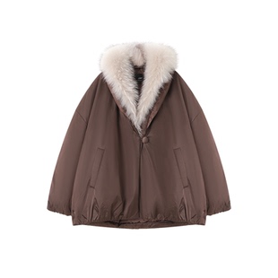 XWI欣未90白鹅绒复古棕色羽绒服女冬季可拆卸气质毛领保暖鹅绒服