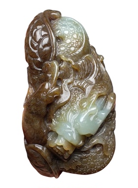 和田玉且末糖青白玉龙凤手把件