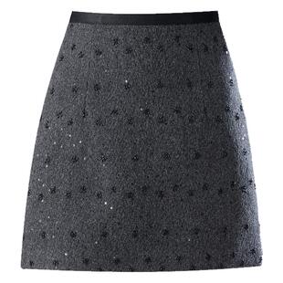 小香风钉珠亮片毛呢半裙短款女秋冬2025新款高腰显瘦A字包臀短裙