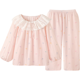 【100%全棉】纯棉睡衣女款春秋季双层棉纱超柔软可外穿家居服套装