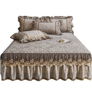 冬季加厚天鹅绒夹棉绗缝床裙单件防滑双人床套裙式床单枕套三件套