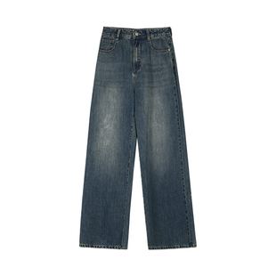 辰米范 蓝色宽松阔腿牛仔裤女夏季高腰显瘦复古休闲拖地直筒裤子