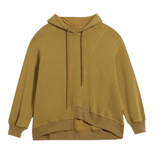 unbleu连帽卫衣女秋冬新款宽松女装棕色加绒不对称针织上衣