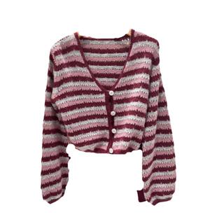 秋冬季年代感复古韩版简约个性镂空拼接单排扣毛针织衫上衣外套女