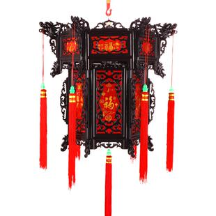仿实木旋转红灯笼中式六角仿古宫灯春节新年大红阳台塑料灯笼挂饰