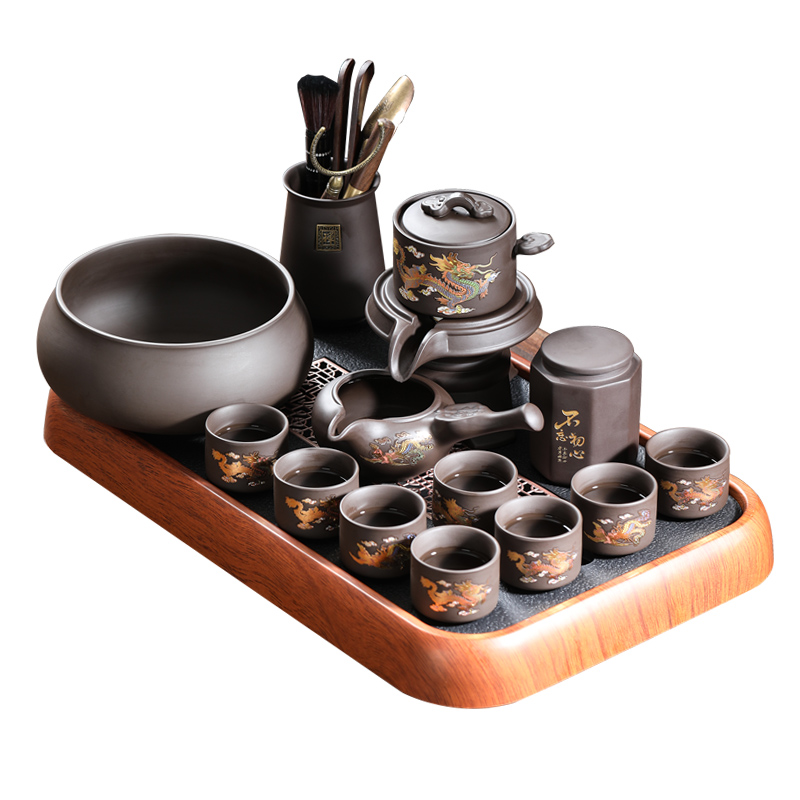 紫砂石磨自動(dòng)茶具遇熱變色旋轉(zhuǎn)茶壺懶人泡茶器創(chuàng)意功夫泡茶具套裝