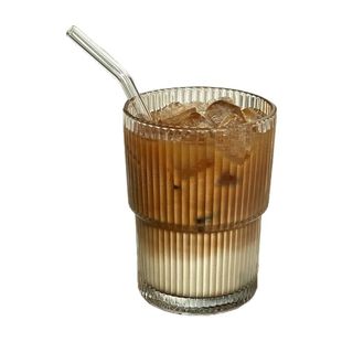 ins风竖条纹玻璃咖啡杯带盖吸管高颜值夏天牛奶杯子家用饮料水杯