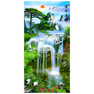 客厅玄关装饰画流水生财风景山水画入户进门墙贴过道竖版自粘壁画