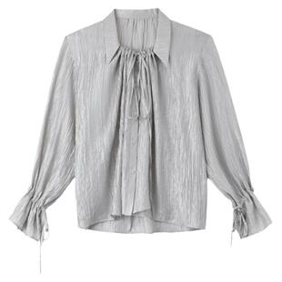 PAPERLLL辛间袖口绑带微珠光衬衫女亮面小衫抽绳领口设计感衬衣