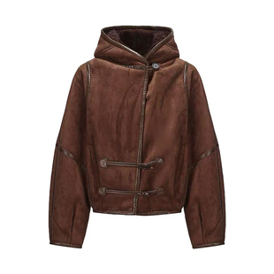 白鹿同款羊羔毛外套女短款连帽麂皮绒加厚保暖爆款皮毛一体大衣冬