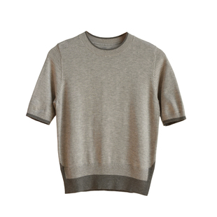 48支含绵羊毛 女士柔软圆领套头针织衫 撞色假两件短袖T恤 春k