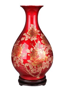 水晶釉陶瓷器落地花瓶中国红色