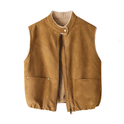 复古皮毛一体麂皮绒马甲女冬装巨好看立领保暖羊羔毛厚款坎肩外套