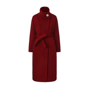 NanaJacqueline立领钻扣毛呢外套女冬新款羊驼毛红色大衣新年春节
