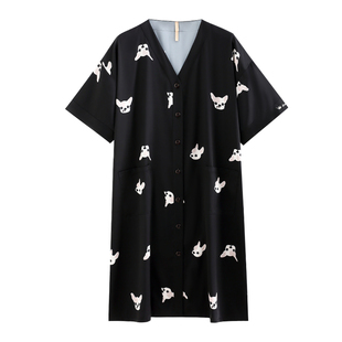 家乐芬睡裙女士睡衣夏季夏天夏款丝绸冰丝短袖开衫衬衫长款仿真丝