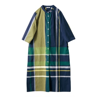 夏季新品 桑妮库拉/Sunny clouds纯棉不规则大格子长款衬衫裙两穿