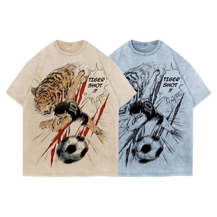 TEE7-足球小将日向小次郎猛虎射门水洗做旧复古纯棉宽松短袖T恤
