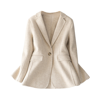 2025米色毛呢西装外套女春冬小个子百搭高端人字纹双面呢羊绒大衣