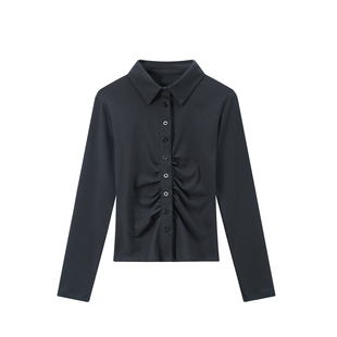收腰显瘦弹力长袖jk衬衫女纯欲辣妹修身褶皱灰色衬衣百搭学姐上衣