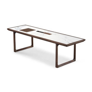 传世茶桌北美黑胡桃木家具新中式书桌鱼肚白岩板实木餐桌设计师款