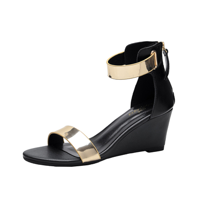 2026黑色坡跟一字带显瘦女凉鞋