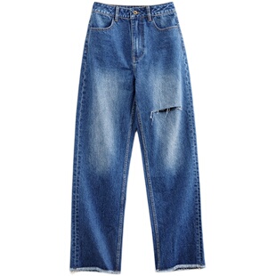 马登破洞丹宁水洗牛仔裤复古直筒裤子宽松休闲百搭垂感拖地长裤女