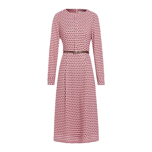 JESSIE几何印花系带收腰连衣裙女长袖圆领中长款修身显瘦春季新款