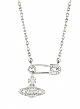 潮港福18K白金土星别针满钻项链