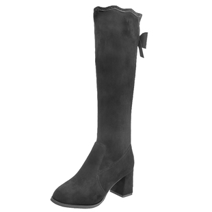 蝴蝶结长筒靴女冬季新款不过膝欧美高筒骑士靴粗跟高跟黑色中筒靴